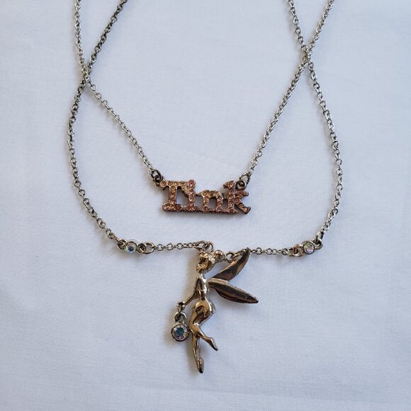 Fairy y2k Silver Tinkerbell Charm Rhinestone necklace Set pink iridescent gems - Picture 9 of 10